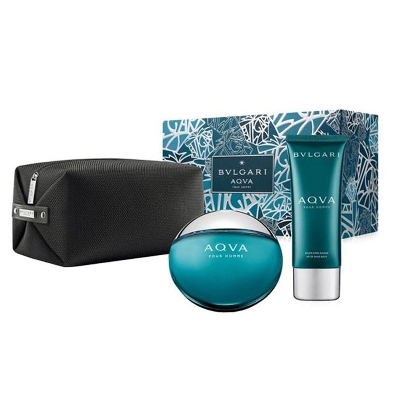 Bvlgari Men's Aqva Pour Homme - Gift Set For Men- Eau De Toilette 100 ml + After Shave Balm 100 ml + Pouch Set
